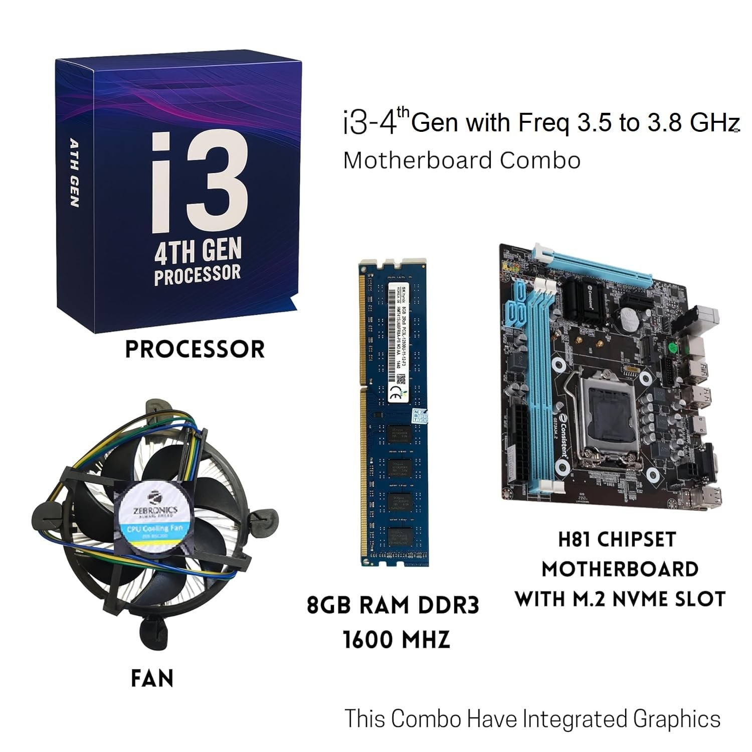 H81 Motherboard + Core i3 4150/4360 4th Gen Processor + 8GB DDR3 1600MHz RAM + CPU Fan | Pre-Assembled & Pre-Tested Kit | for Home & Office PC Upgrade | 1-Year Warranty