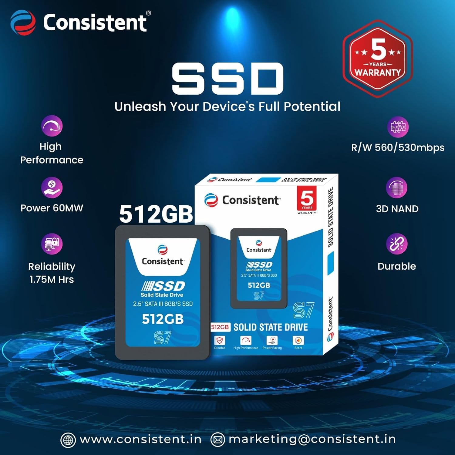 Consistent SSD 512GB 2.5 Inch SATA Internal SSD - Read: 550MB/s & Write: 500MB/s - Solid-State Drive 5 Year Warranty (512, GB)
